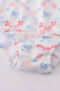 Blue lattice print mom swimsuit with a charming bow detail, perfect for summer.