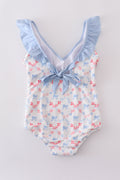 Blue lattice print mom swimsuit with a charming bow detail, perfect for summer.
