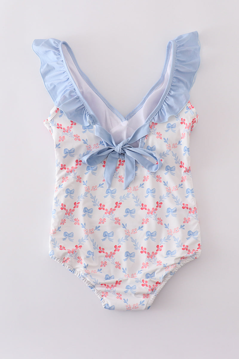 Blue lattice print mom swimsuit with a charming bow detail, perfect for summer.