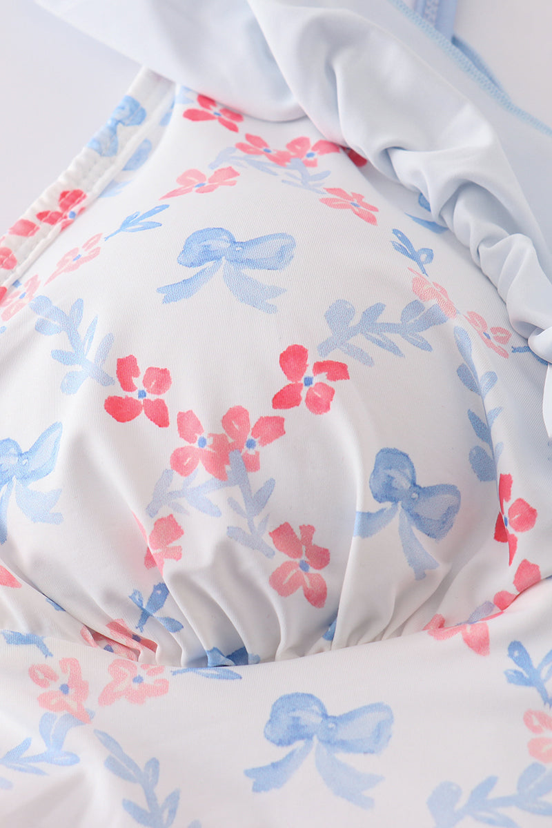 Blue lattice print mom swimsuit with a charming bow detail, perfect for summer.