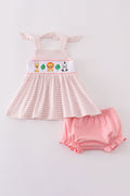 Pink striped smocked bloomer set with cute animal embroidery, perfect for playtime.