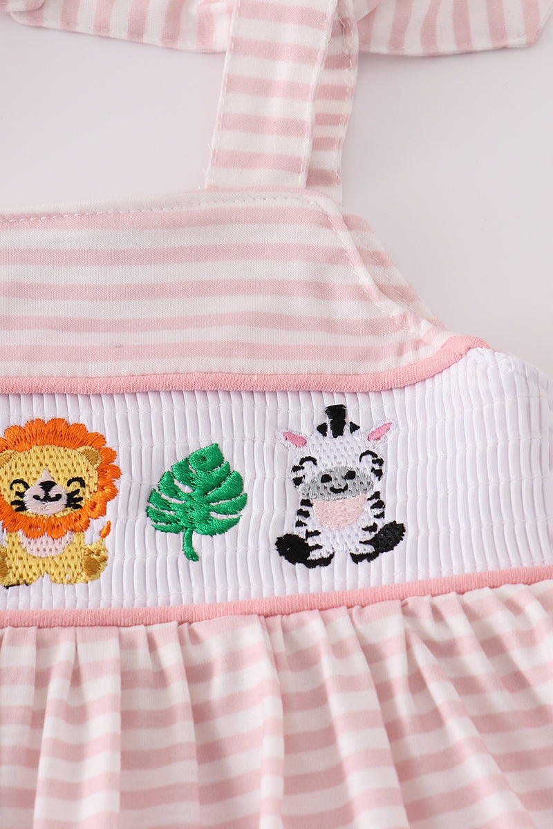 Pink striped smocked bloomer set with cute animal embroidery, perfect for playtime.