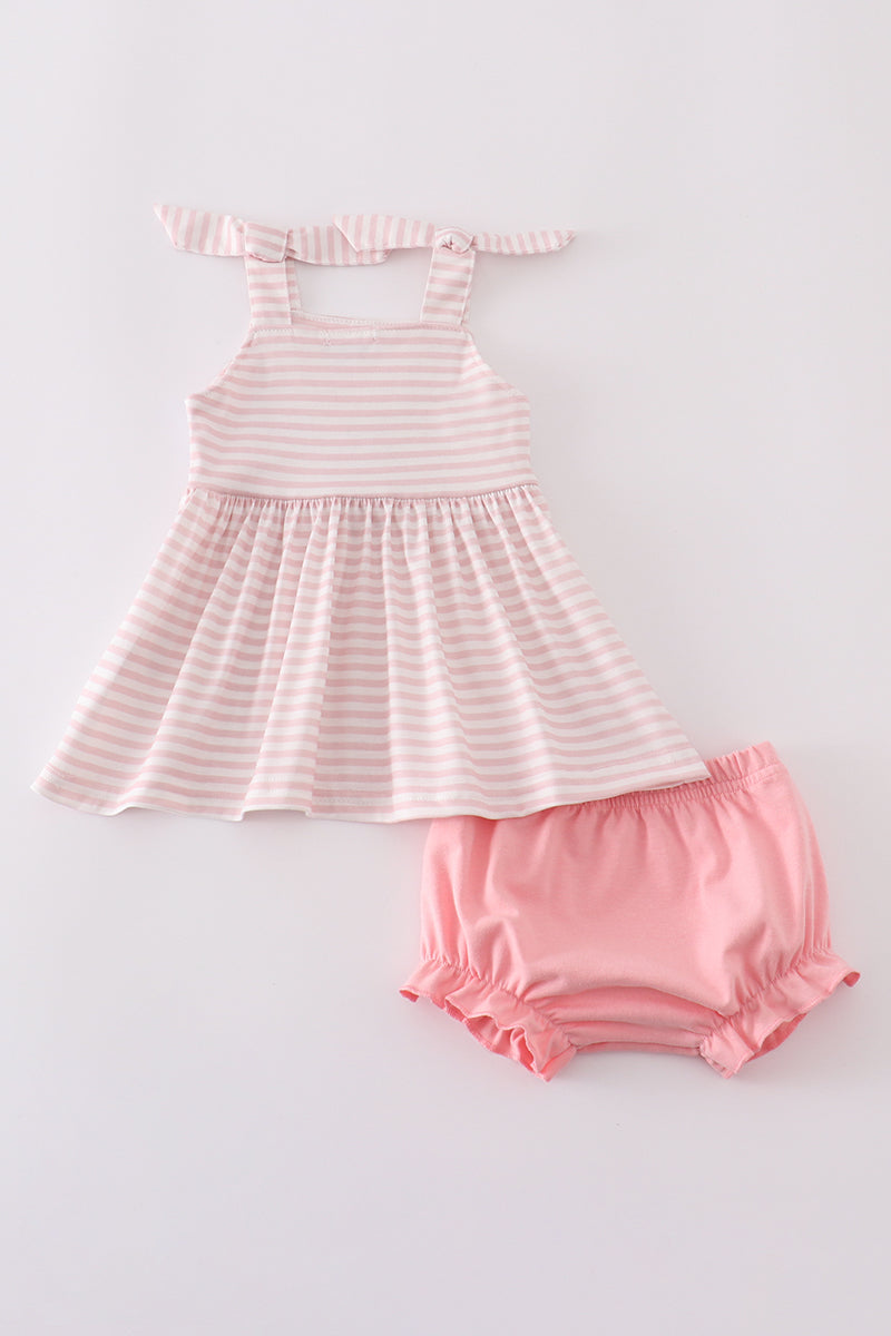 Pink striped smocked bloomer set with cute animal embroidery, perfect for playtime.