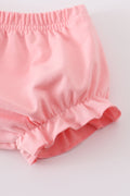 Pink striped smocked bloomer set with cute animal embroidery, perfect for playtime.