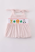 Pink striped smocked bloomer set with cute animal embroidery, perfect for playtime.
