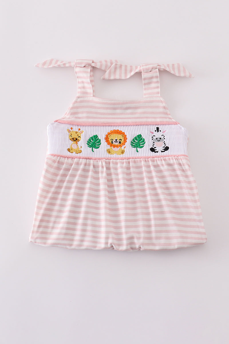 Pink striped smocked bloomer set with cute animal embroidery, perfect for playtime.