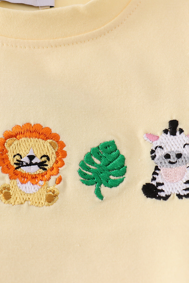 Bright yellow striped toddler bloomer set with adorable animal embroidery.