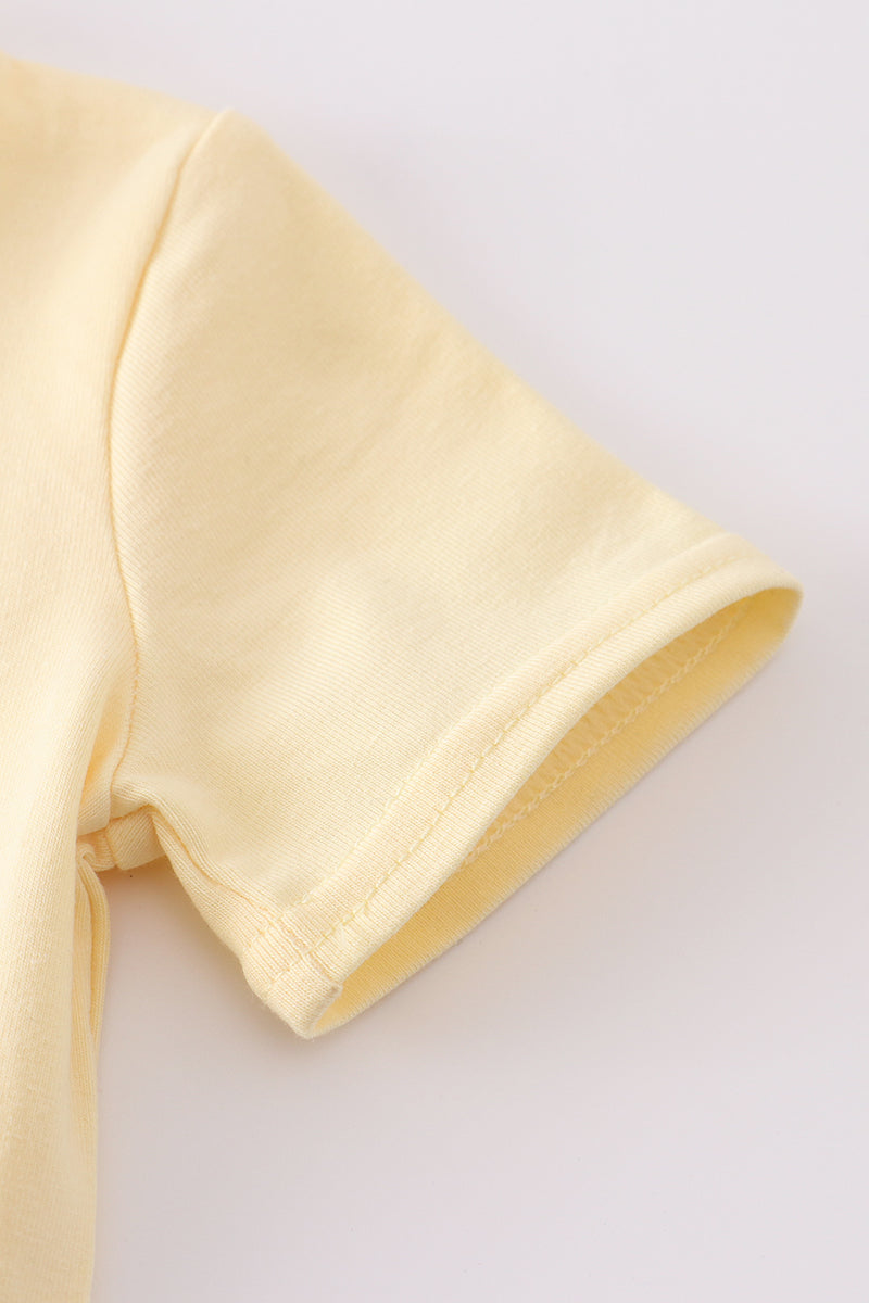 Bright yellow striped toddler bloomer set with adorable animal embroidery.