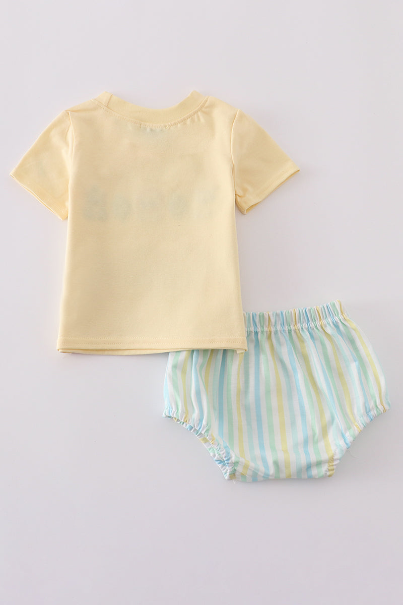 Bright yellow striped toddler bloomer set with adorable animal embroidery.