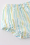 Bright yellow striped toddler bloomer set with adorable animal embroidery.