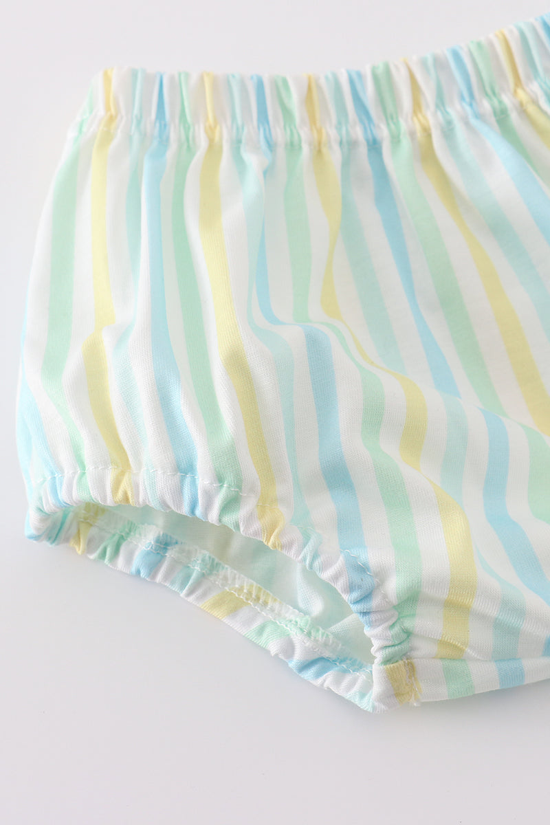 Bright yellow striped toddler bloomer set with adorable animal embroidery.