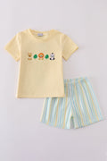 Cheerful yellow stripe smocked set with playful animal embroidery, perfect for kids.