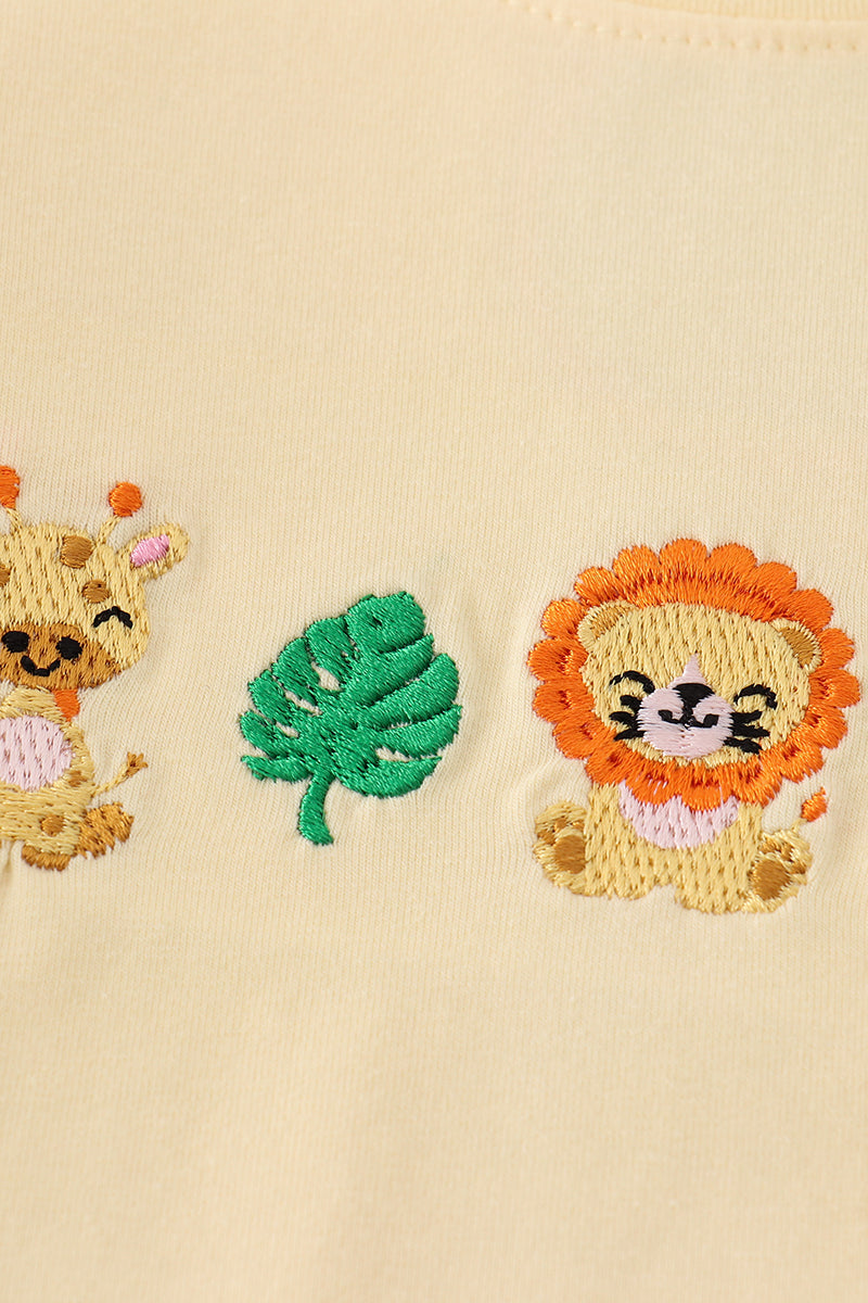 Cheerful yellow stripe smocked set with playful animal embroidery, perfect for kids.