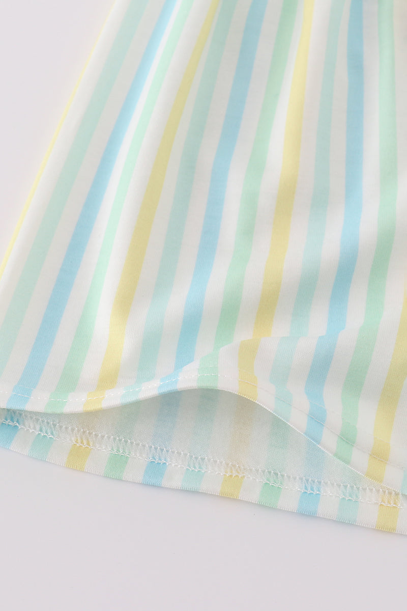Cheerful yellow stripe smocked set with playful animal embroidery, perfect for kids.