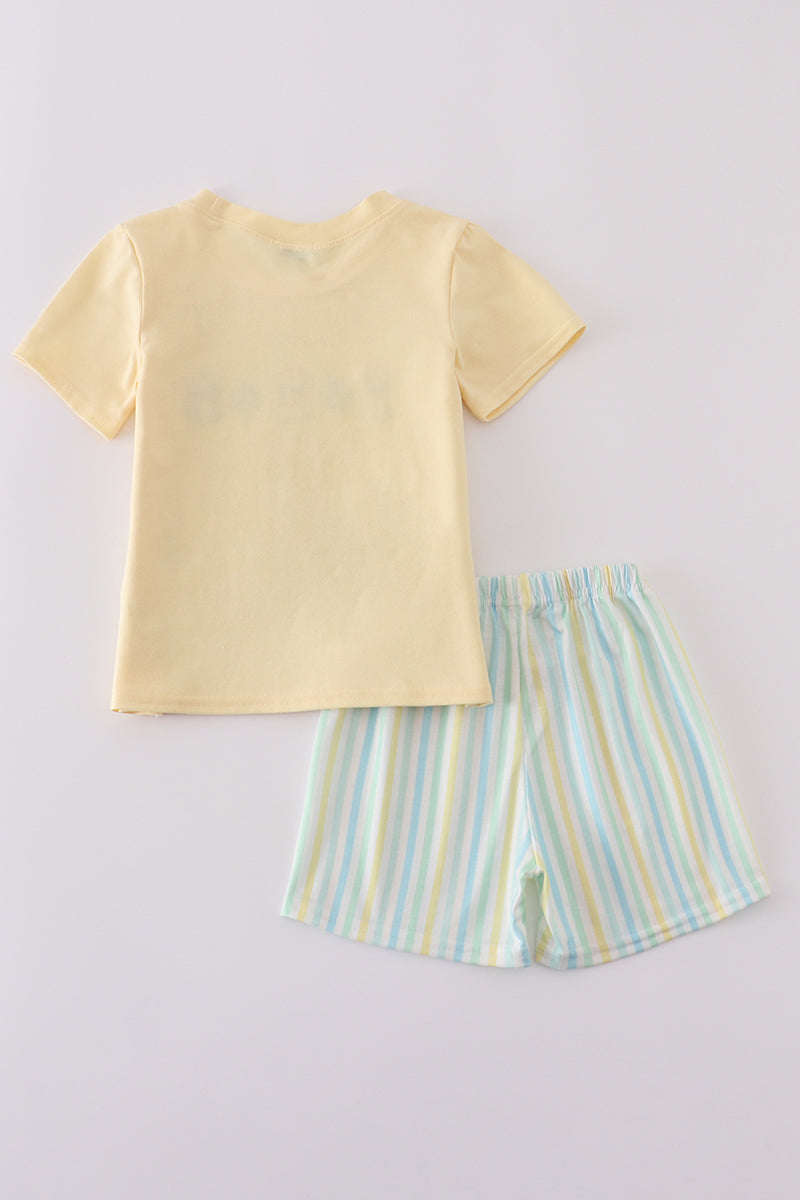 Cheerful yellow stripe smocked set with playful animal embroidery, perfect for kids.
