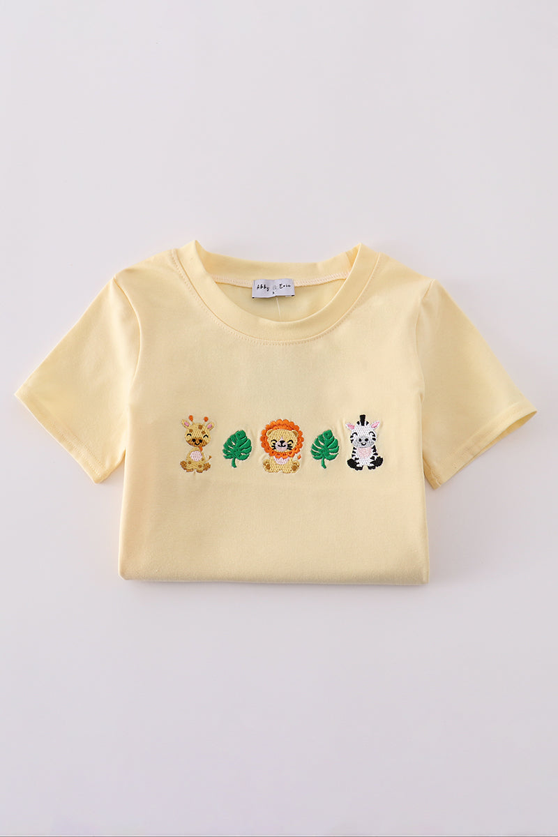 Cheerful yellow stripe smocked set with playful animal embroidery, perfect for kids.