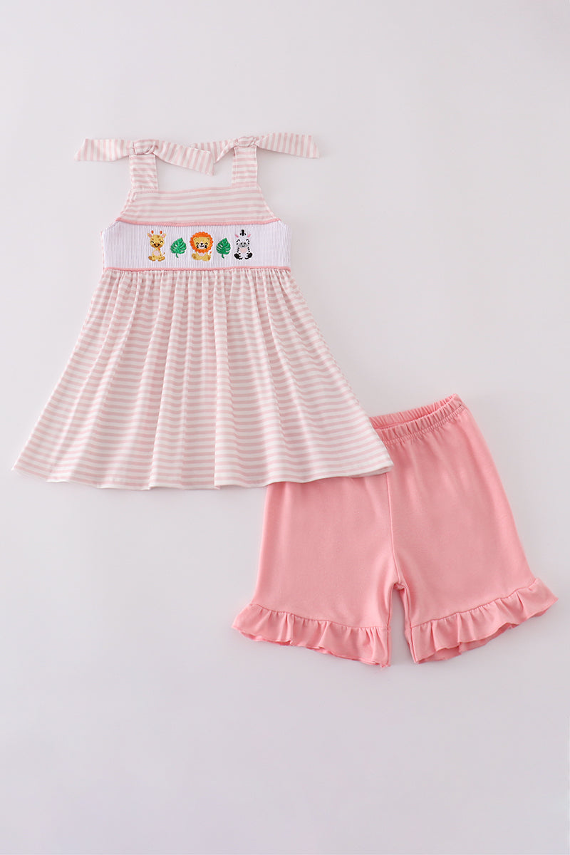 Pink stripe smocked set with cute animal embroidery, perfect for playtime.