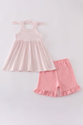 Pink stripe smocked set with cute animal embroidery, perfect for playtime.