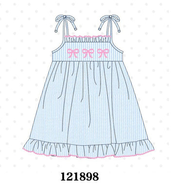 Blue Bow Embroidered Stripe Ruffle Dress