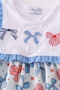A sweet ruffle dress with bow trellis print and delicate embroidery, perfect for playdates.