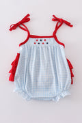 Adorable gingham bubble romper with star embroidery, perfect for playful summer days.
