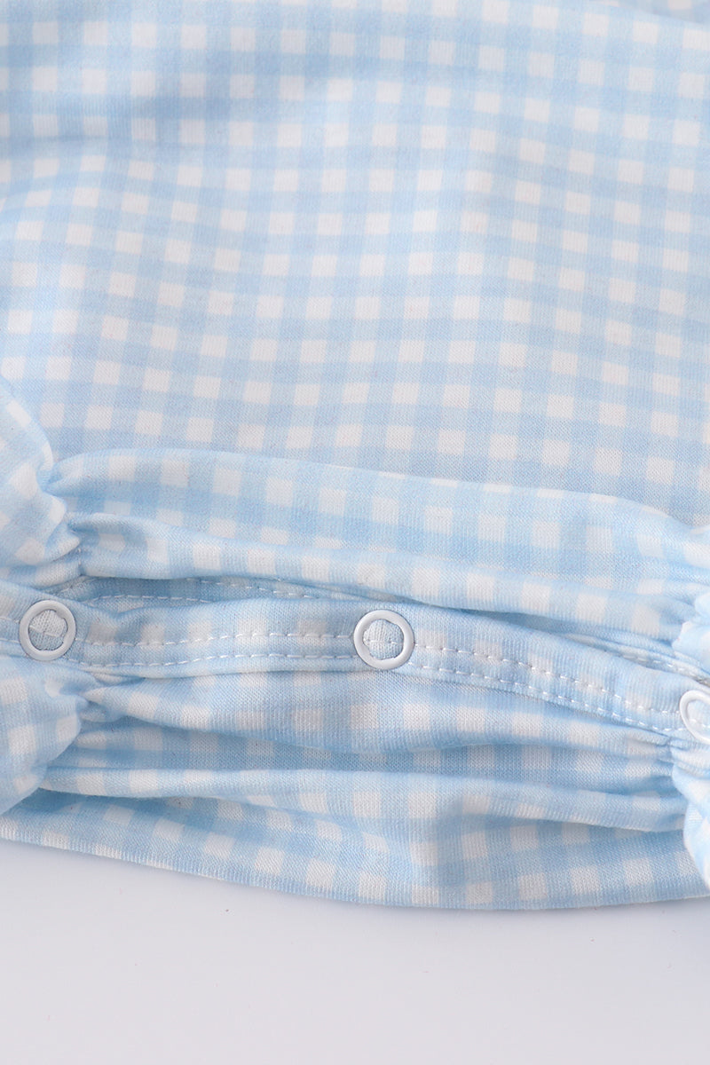 Adorable gingham bubble romper with star embroidery, perfect for playful summer days.