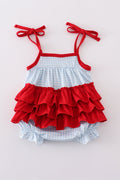 Adorable gingham bubble romper with star embroidery, perfect for playful summer days.