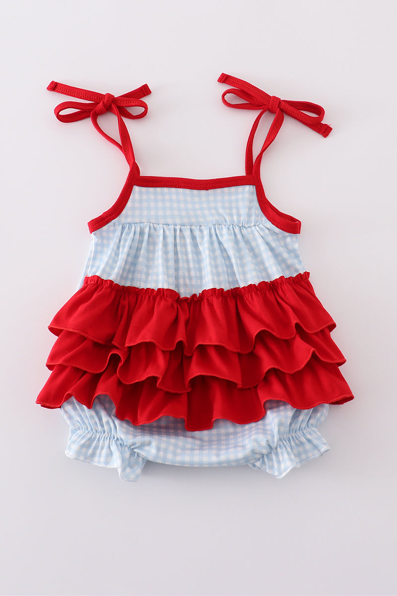 Adorable gingham bubble romper with star embroidery, perfect for playful summer days.