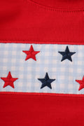 Red Star embroidery bubble: cozy red romper with star patterns, perfect for festive occasions.