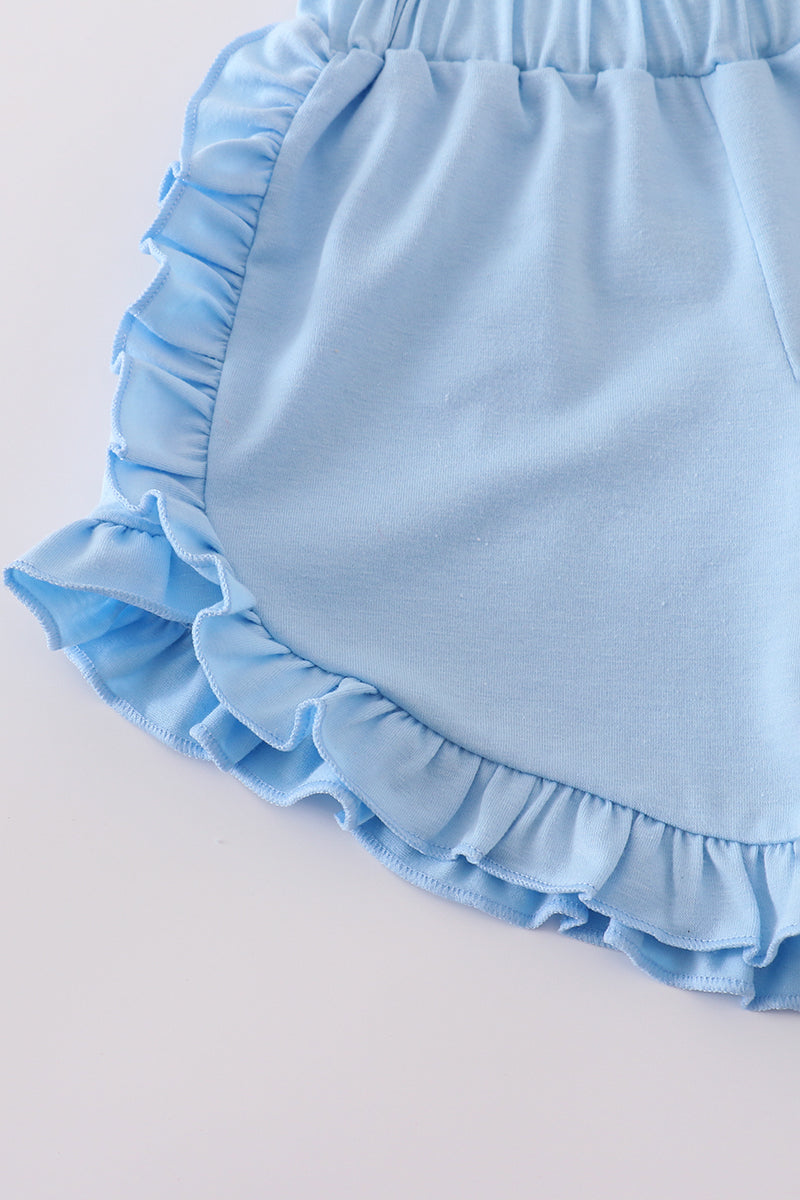 Children's blue smocked shorts set with flag embroidery, perfect for summer outings.
