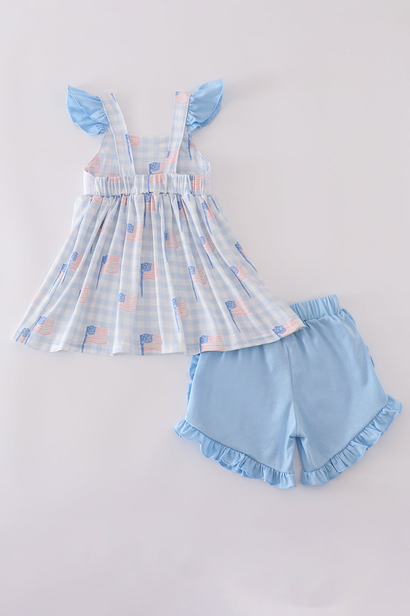 Children's blue smocked shorts set with flag embroidery, perfect for summer outings.