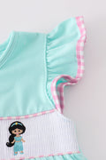 Mint gingham shorts set with princess embroidery, perfect for playful summer days.
