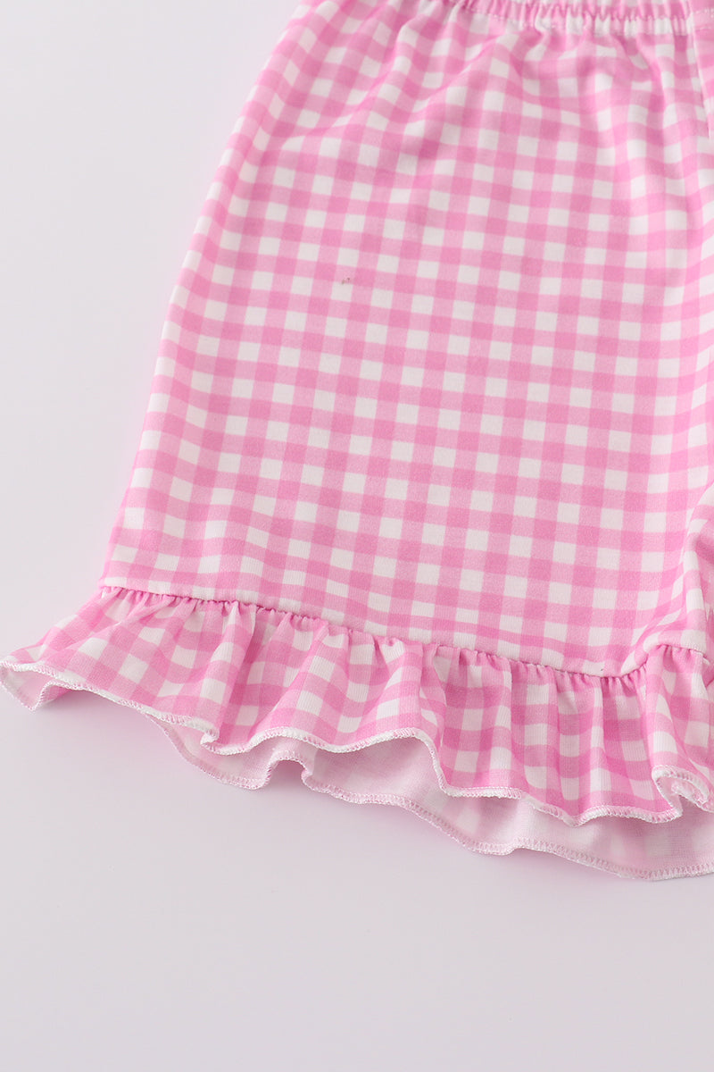 Mint gingham shorts set with princess embroidery, perfect for playful summer days.