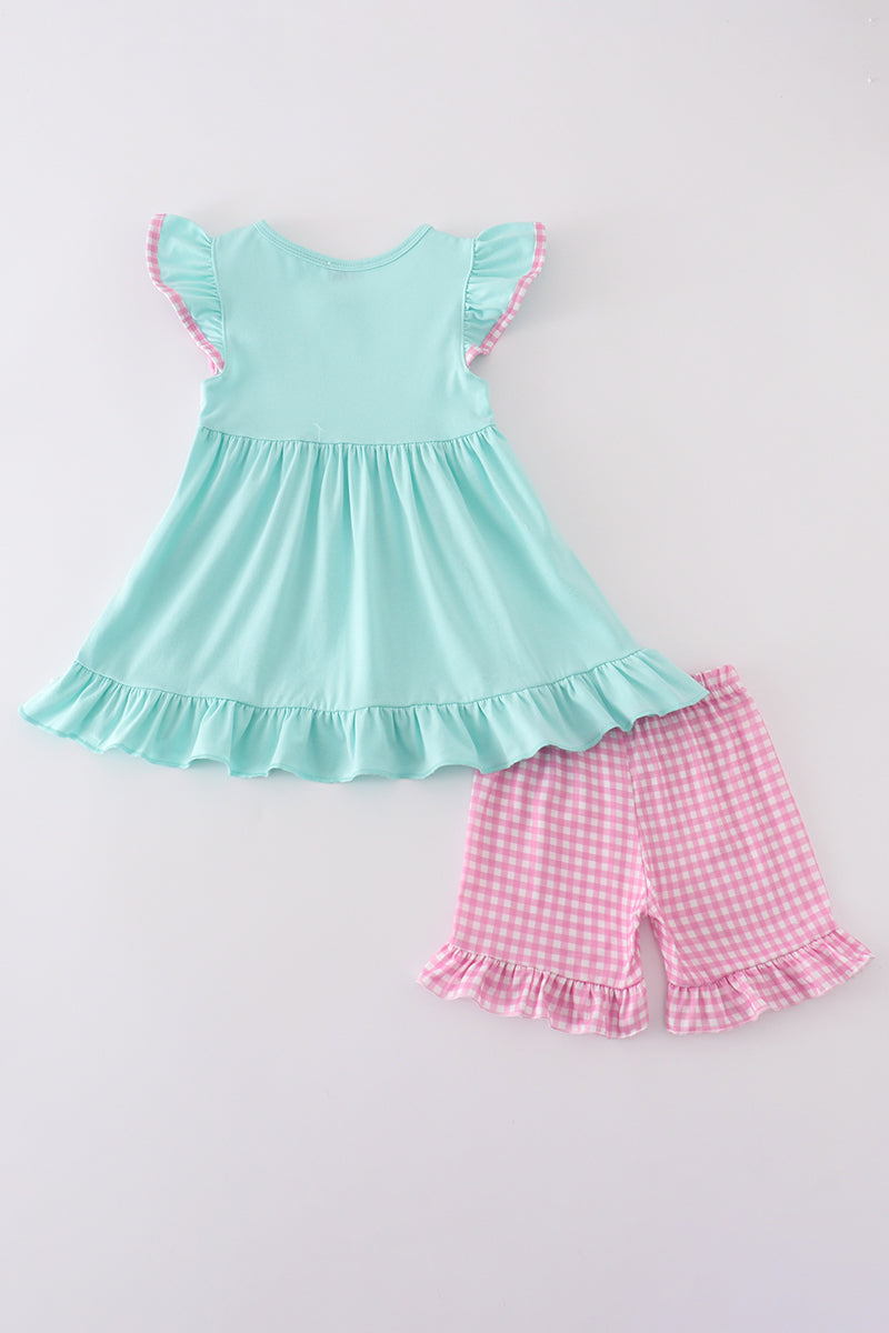 Mint gingham shorts set with princess embroidery, perfect for playful summer days.