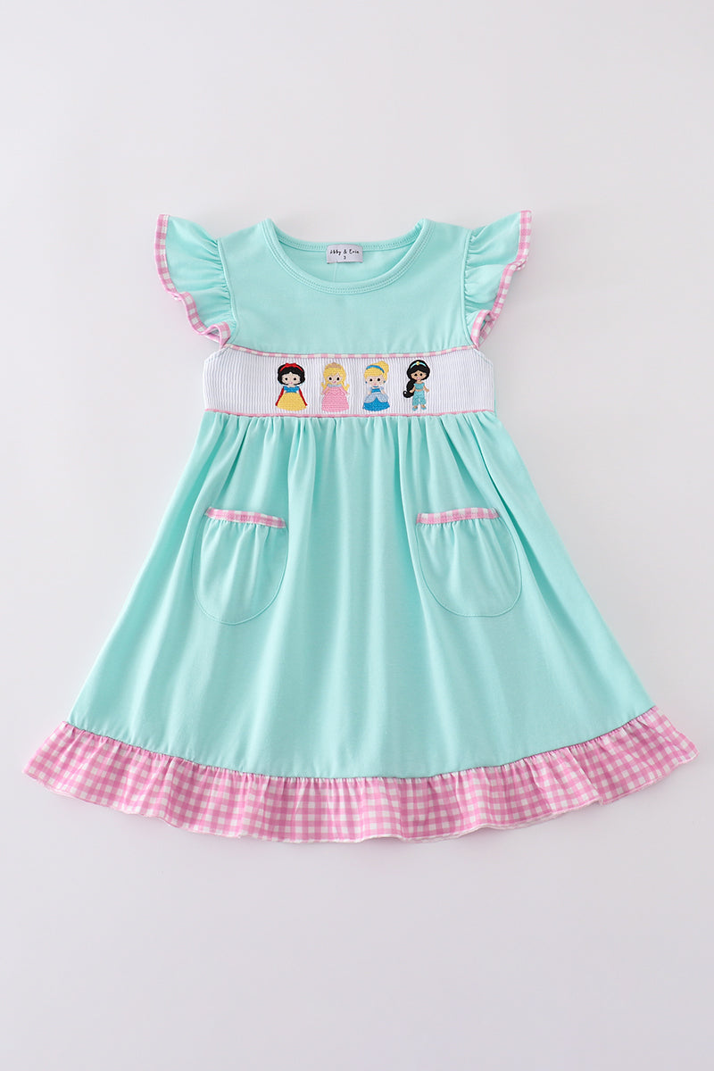 Mint gingham ruffle dress with princess embroidery, perfect for special occasions.