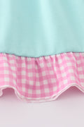 Mint gingham ruffle dress with princess embroidery, perfect for special occasions.