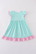 Mint gingham ruffle dress with princess embroidery, perfect for special occasions.