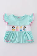 Mint gingham ruffle dress with princess embroidery, perfect for special occasions.