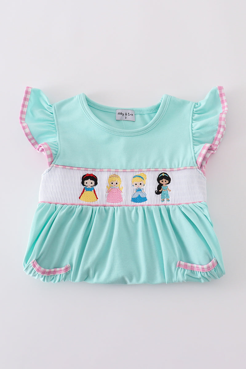 Mint gingham ruffle dress with princess embroidery, perfect for special occasions.