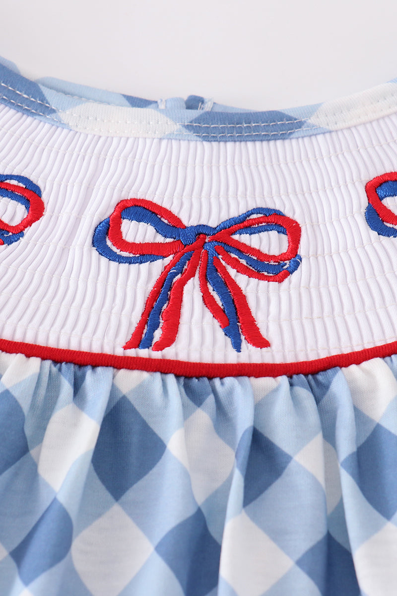 Blue bow embroidery smocked set with puff sleeves, perfect for special occasions.