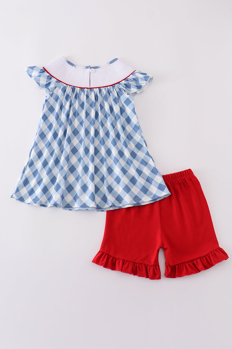 Blue bow embroidery smocked set with puff sleeves, perfect for special occasions.