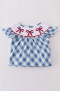 Blue bow embroidery smocked set with puff sleeves, perfect for special occasions.
