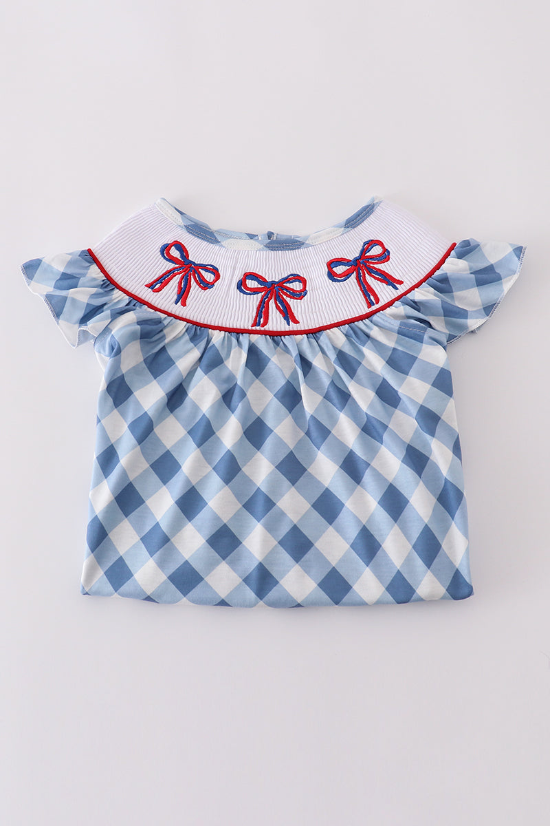 Blue bow embroidery smocked set with puff sleeves, perfect for special occasions.