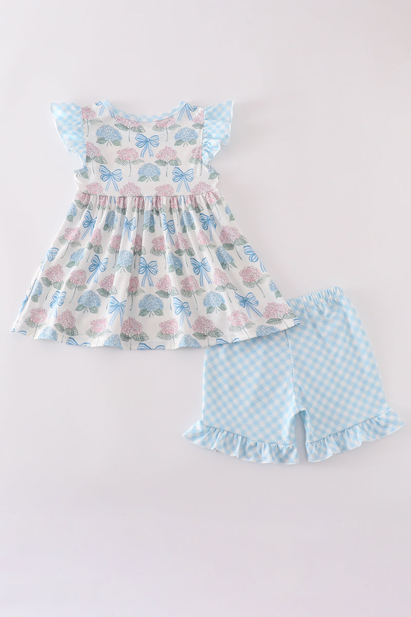 Blue hydrangea bow print ruffle shorts set, perfect for playful summer days.