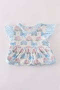 Blue hydrangea bow print ruffle shorts set, perfect for playful summer days.