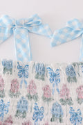 Blue hydrangea bow print ruffle shorts set, perfect for playful summer days.