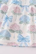 Blue hydrangea bow print ruffle shorts set, perfect for playful summer days.