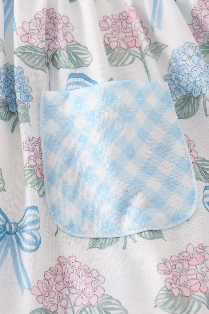 Blue hydrangea bow print ruffle shorts set, perfect for playful summer days.