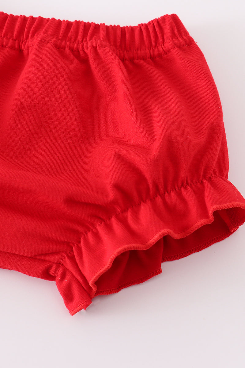 Adorable flag-embroidered bloomer set with a patriotic theme for toddlers.