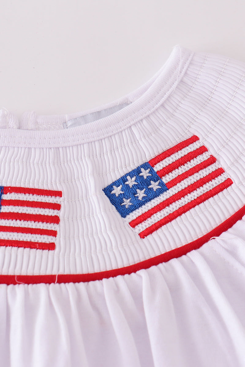 Adorable flag-embroidered bloomer set with a patriotic theme for toddlers.